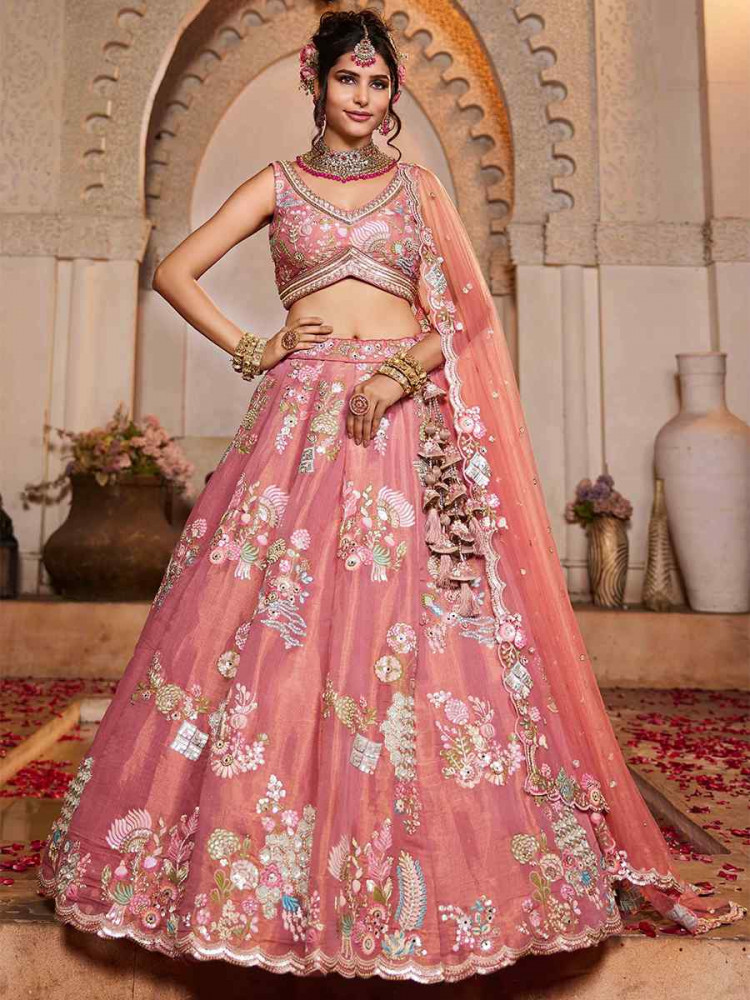 Pink Net Embroidered Reception Wedding Heavy Border Lehenga Choli