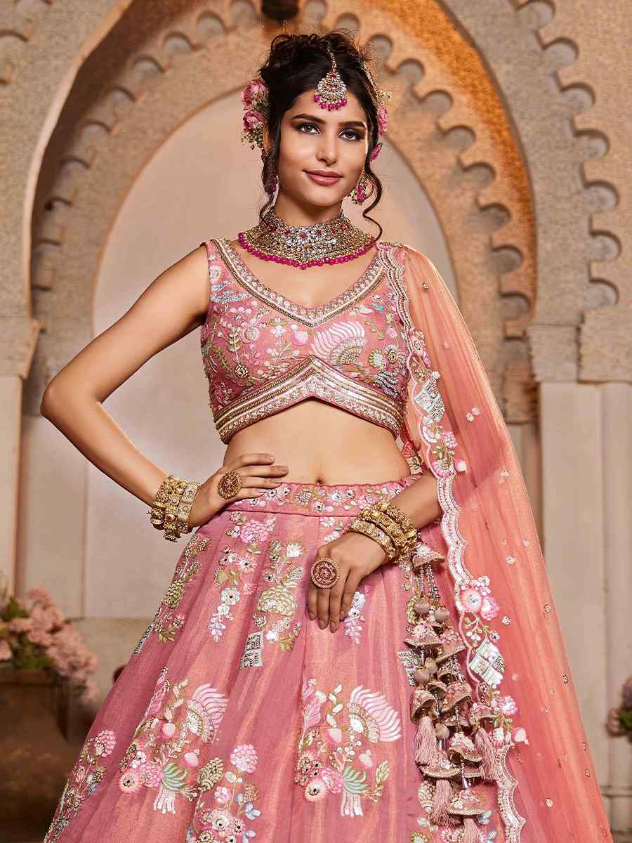 Pink Net Embroidered Reception Wedding Heavy Border Lehenga Choli