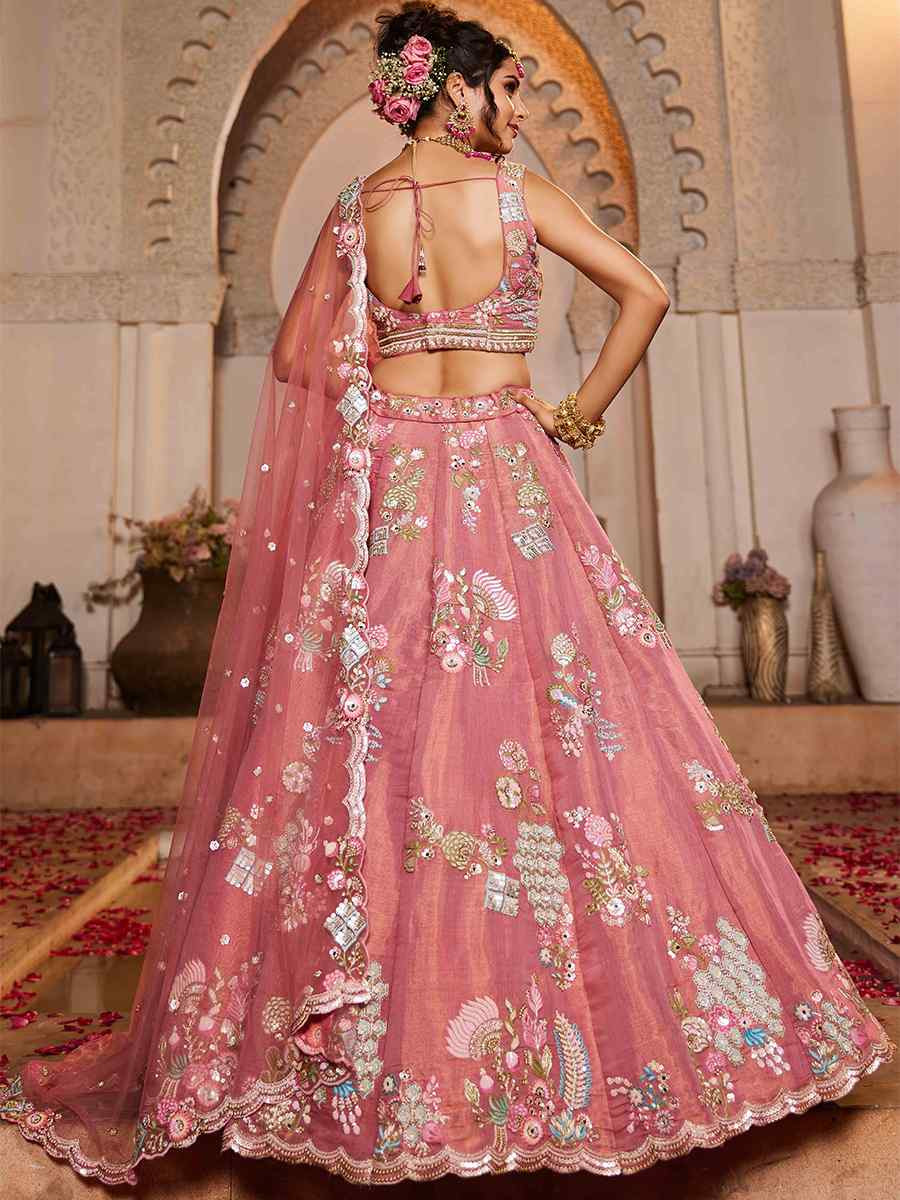 Pink Net Embroidered Reception Wedding Heavy Border Lehenga Choli