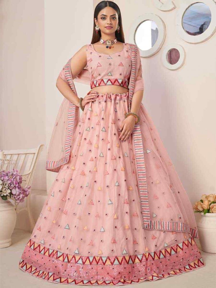 Pink Net Embroidered Reception Wedding Heavy Border Lehenga Choli