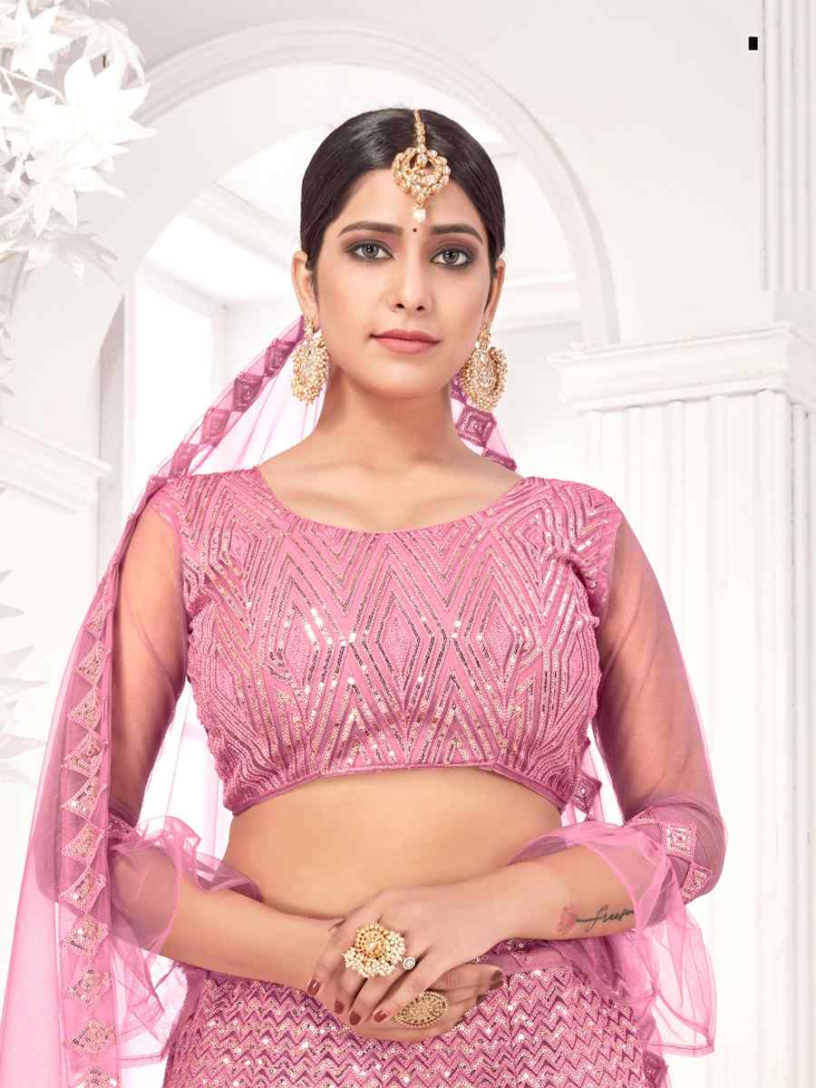Pink Net Embroidered Sequins Wedding Heavy Border Lehenga Choli