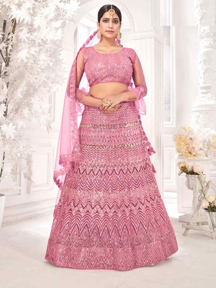 Pink Net Embroidered Sequins Wedding Heavy Border Lehenga Choli