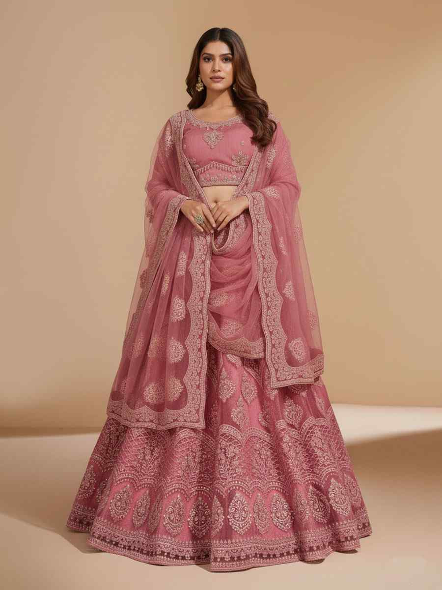 Pink Net Embroidered Wedding Reception Festival Heavy Border Lehenga Choli