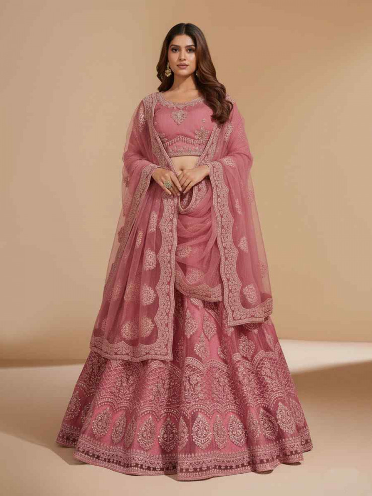 Image of Pink Net Embroidered Wedding Reception Festival Heavy Border Lehenga Choli