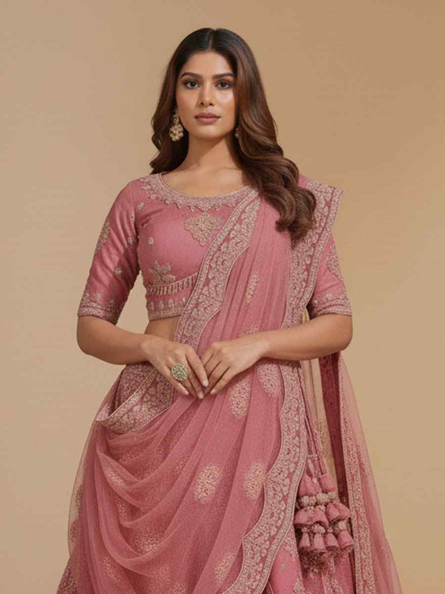 Pink Net Embroidered Wedding Reception Festival Heavy Border Lehenga Choli