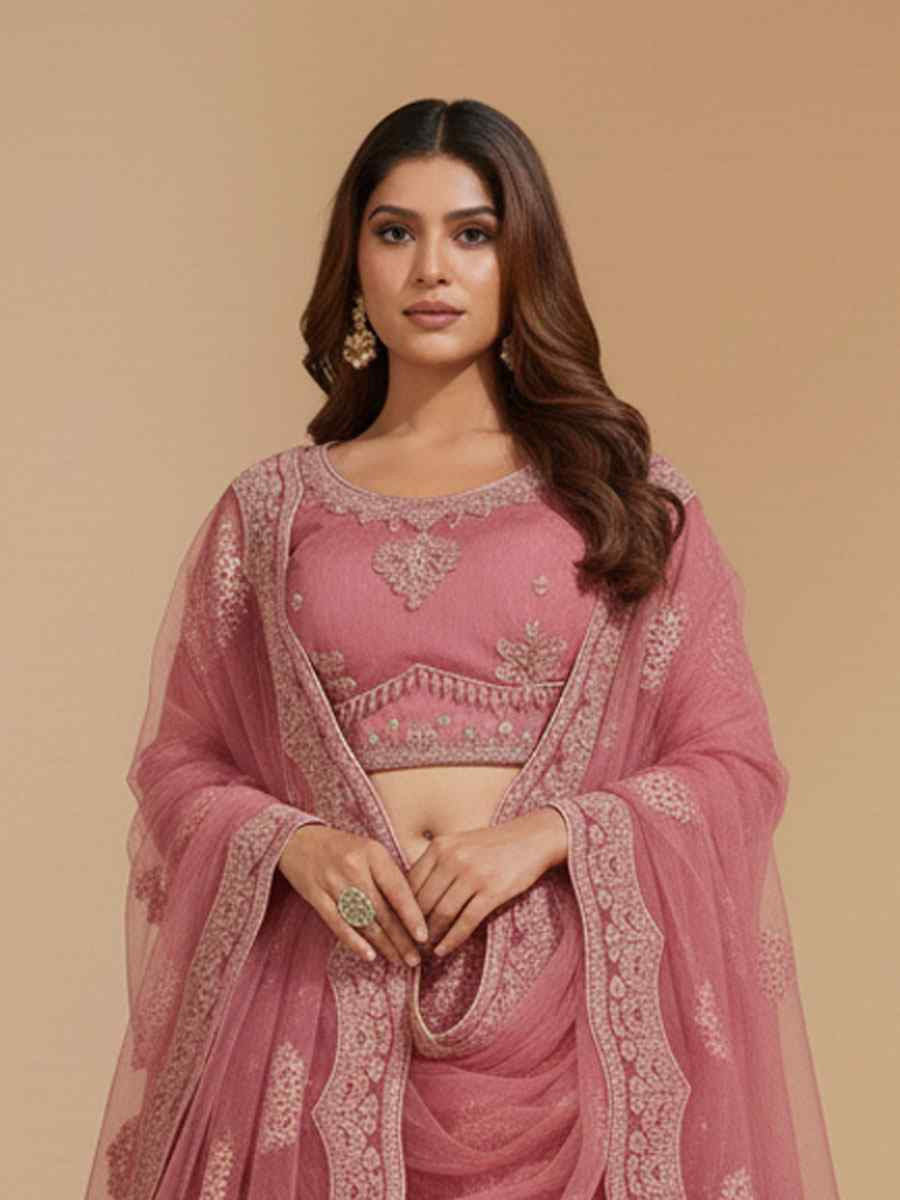 Pink Net Embroidered Wedding Reception Festival Heavy Border Lehenga Choli