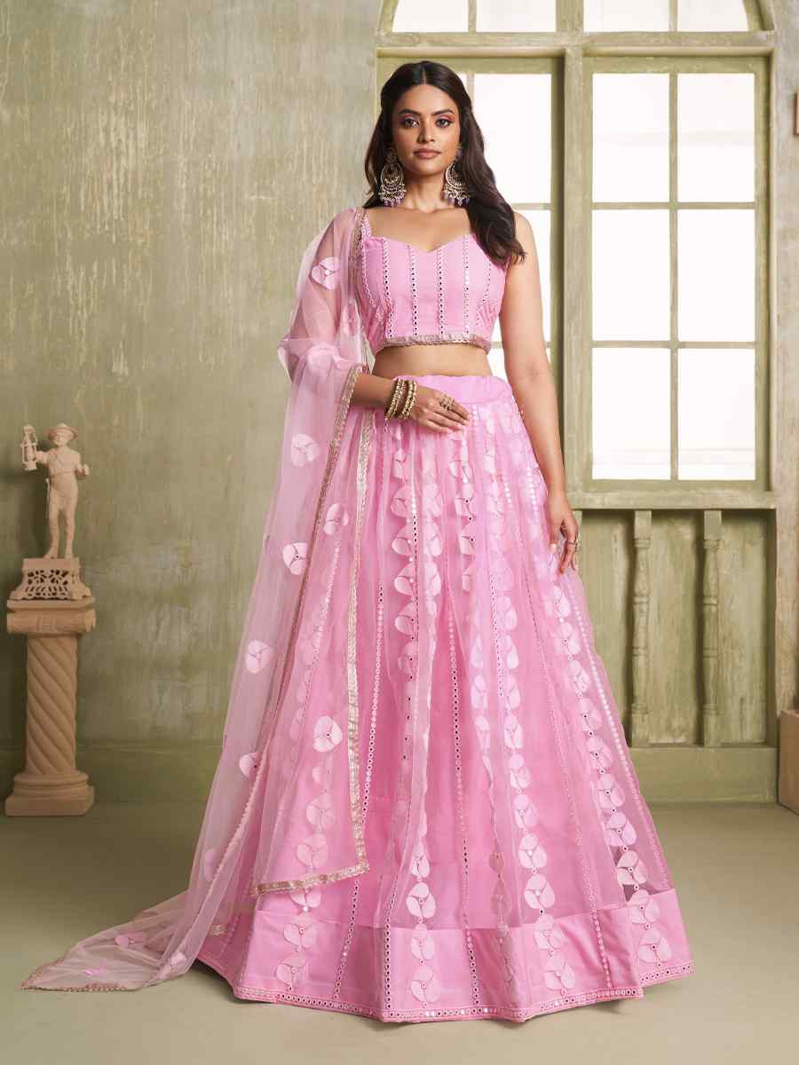 Pink Net Embroidered Wedding Reception Festival Heavy Border Lehenga Choli