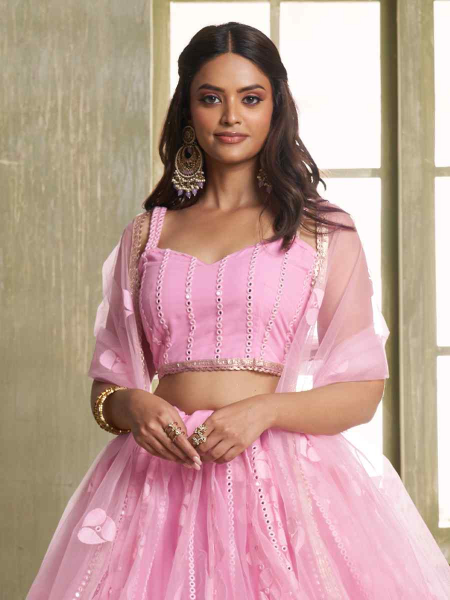 Pink Net Embroidered Wedding Reception Festival Heavy Border Lehenga Choli