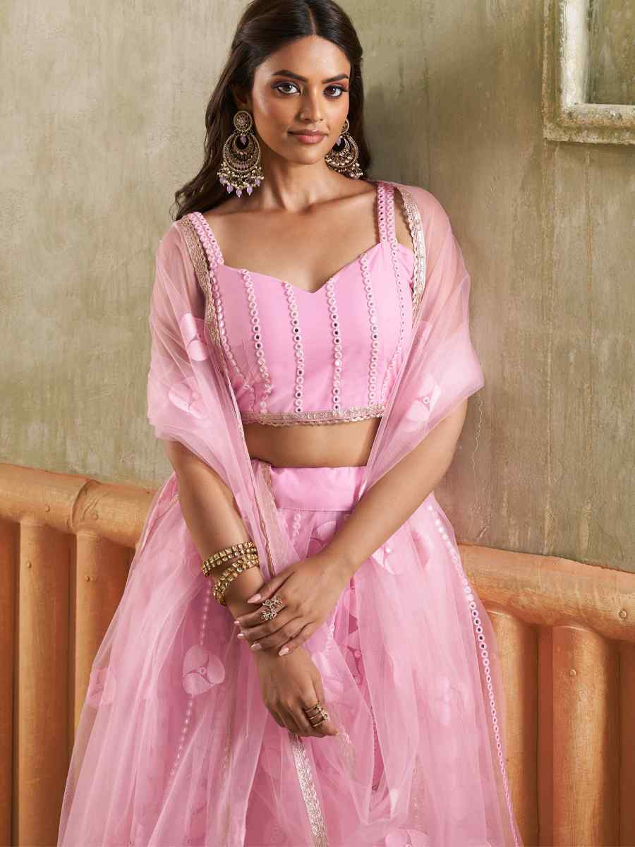 Pink Net Embroidered Wedding Reception Festival Heavy Border Lehenga Choli