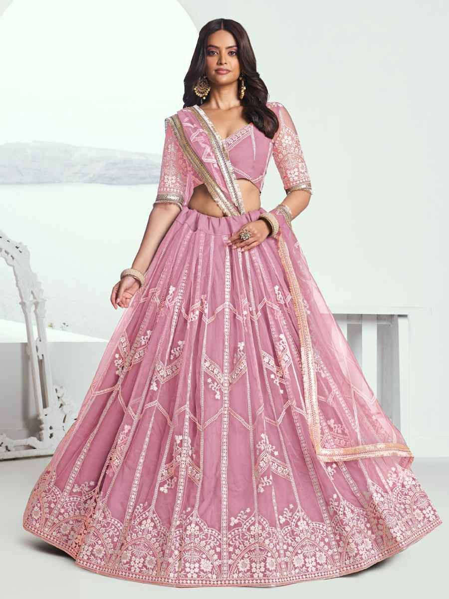 Pink Net Embroidered Wedding Reception Festival Heavy Border Lehenga Choli
