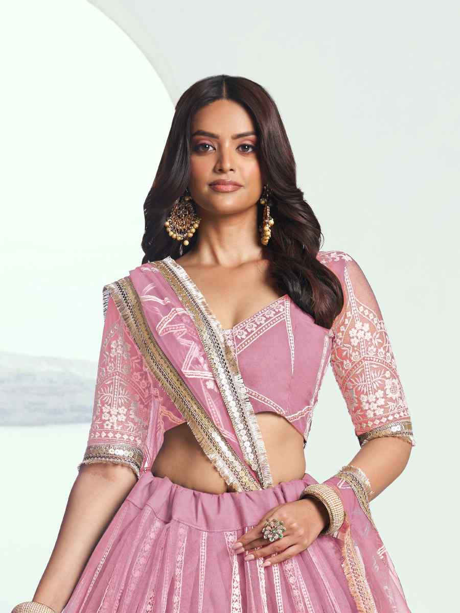 Pink Net Embroidered Wedding Reception Festival Heavy Border Lehenga Choli