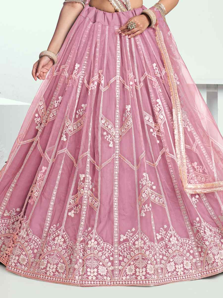 Pink Net Embroidered Wedding Reception Festival Heavy Border Lehenga Choli