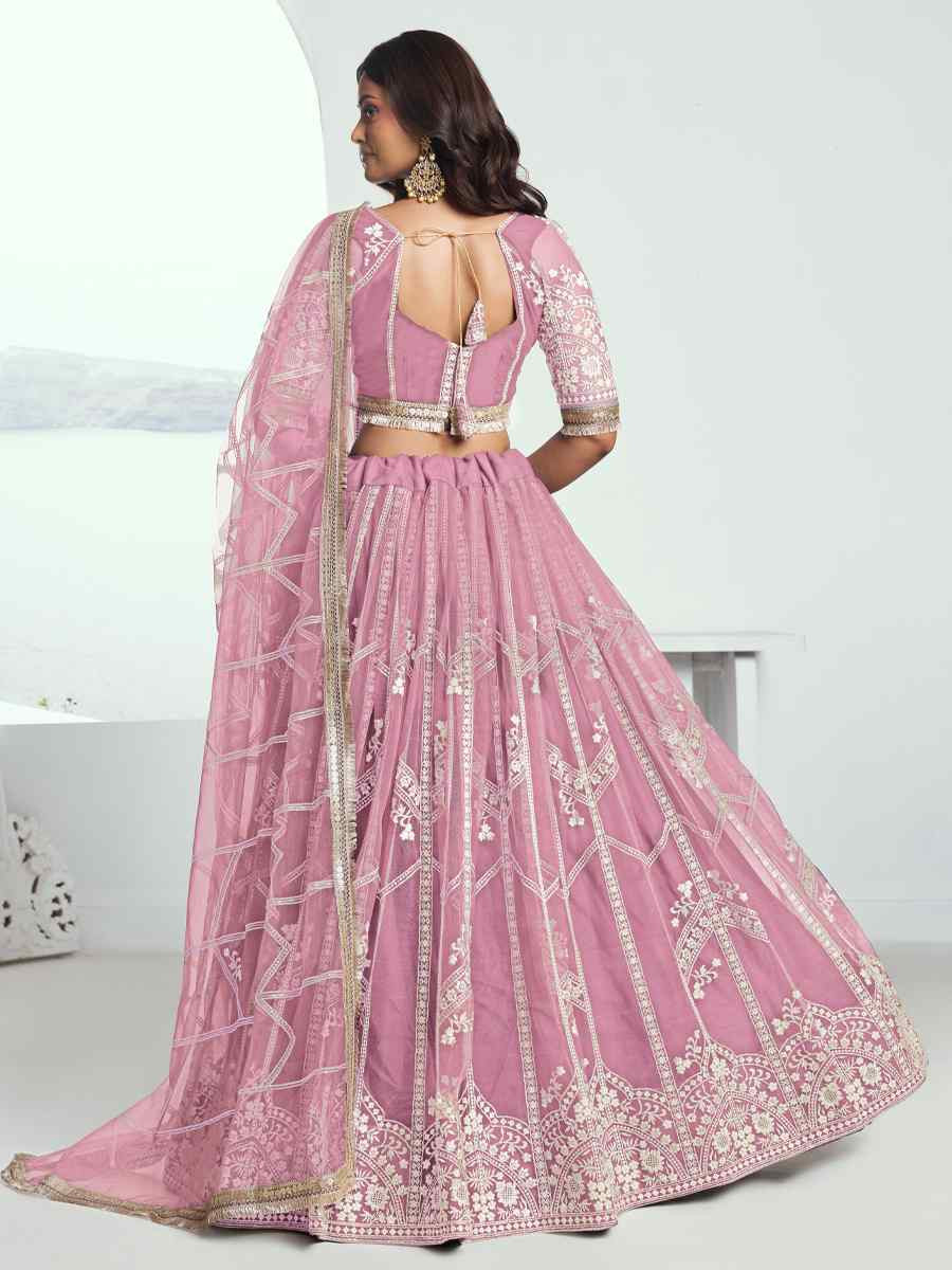 Pink Net Embroidered Wedding Reception Festival Heavy Border Lehenga Choli