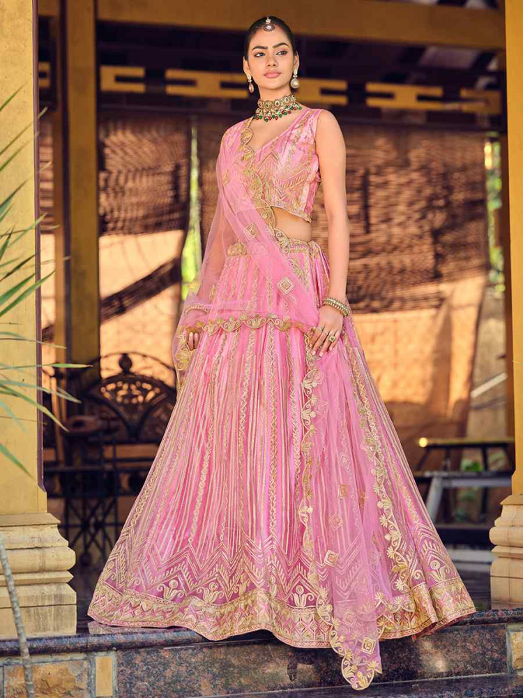 Image of Pink Net Embroidered Wedding Reception Festival Heavy Border Lehenga Choli