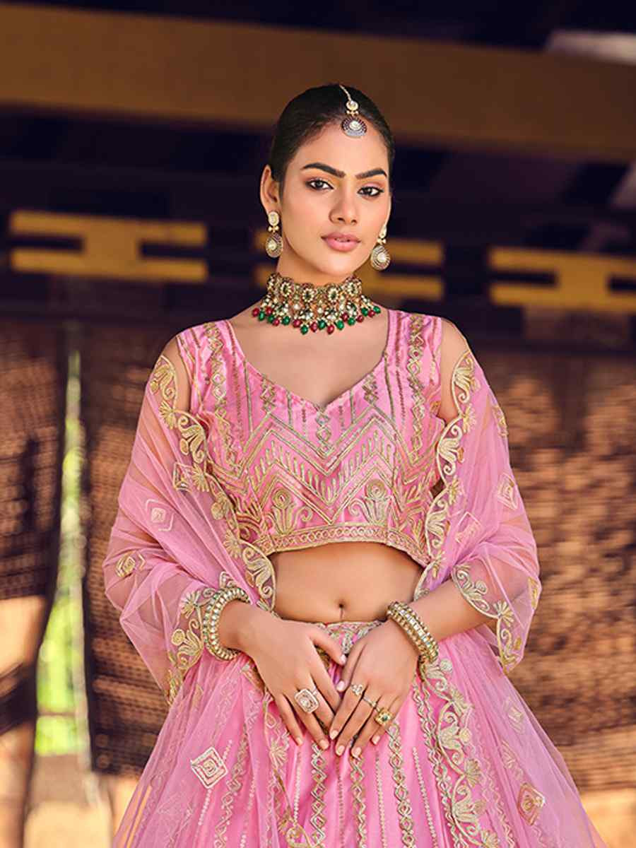 Pink Net Embroidered Wedding Reception Festival Heavy Border Lehenga Choli