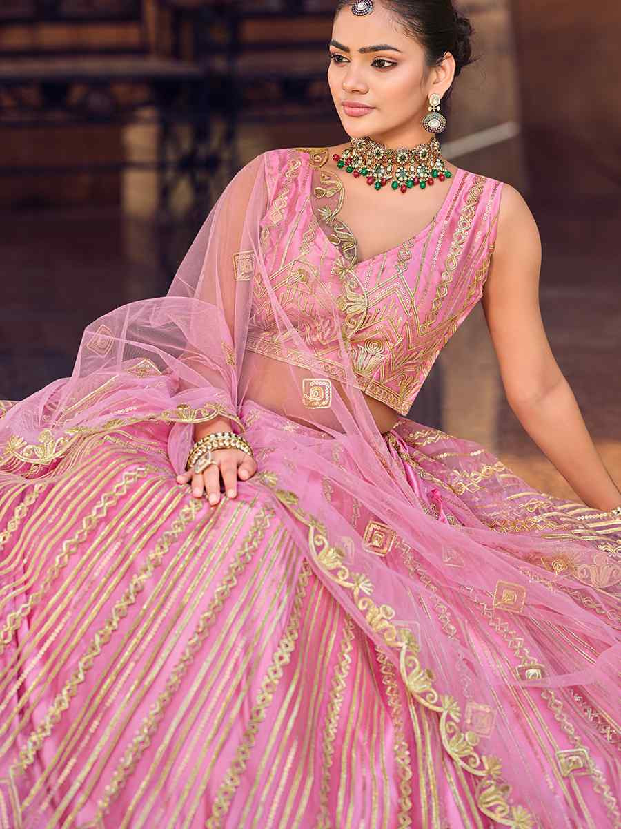 Pink Net Embroidered Wedding Reception Festival Heavy Border Lehenga Choli