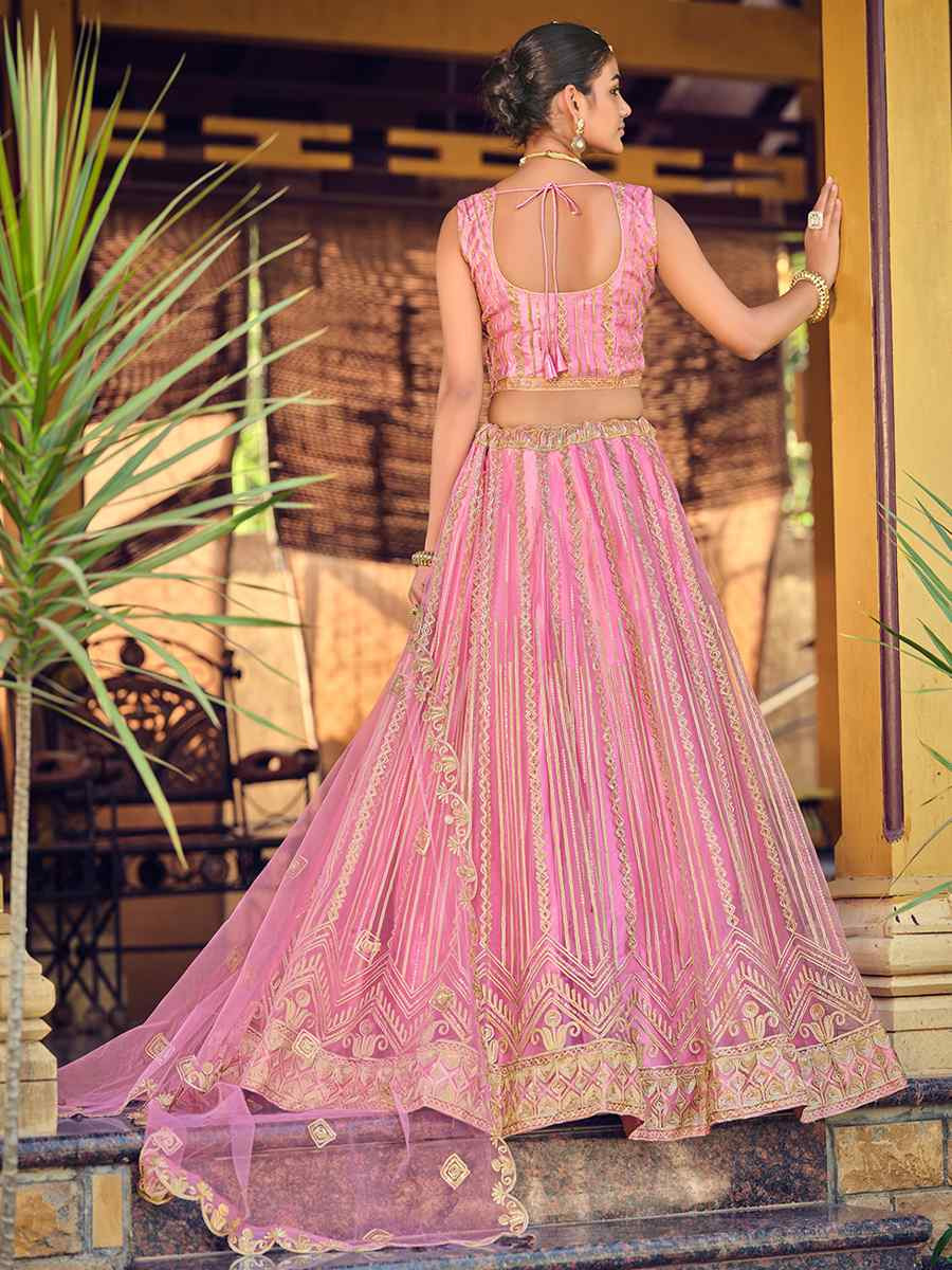Pink Net Embroidered Wedding Reception Festival Heavy Border Lehenga Choli