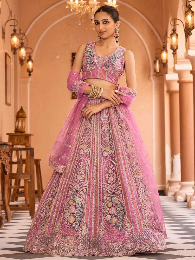Image of Pink Net Embroidered Wedding Reception Festival Heavy Border Lehenga Choli