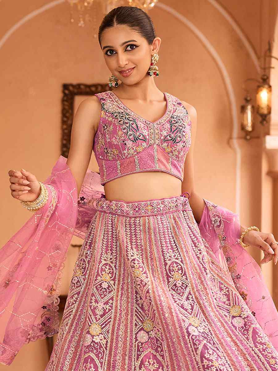 Pink Net Embroidered Wedding Reception Festival Heavy Border Lehenga Choli