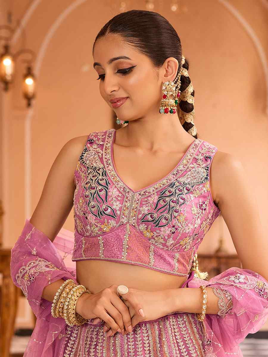 Pink Net Embroidered Wedding Reception Festival Heavy Border Lehenga Choli