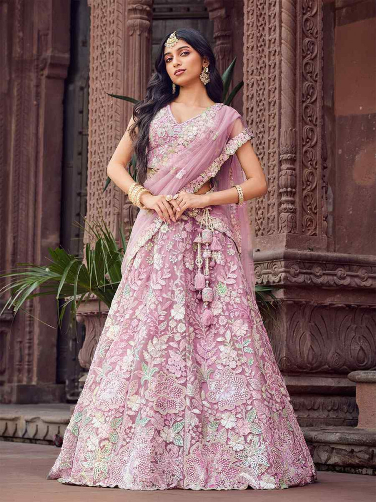 Image of Pink Net Embroidered Wedding Reception Festival Heavy Border Lehenga Choli