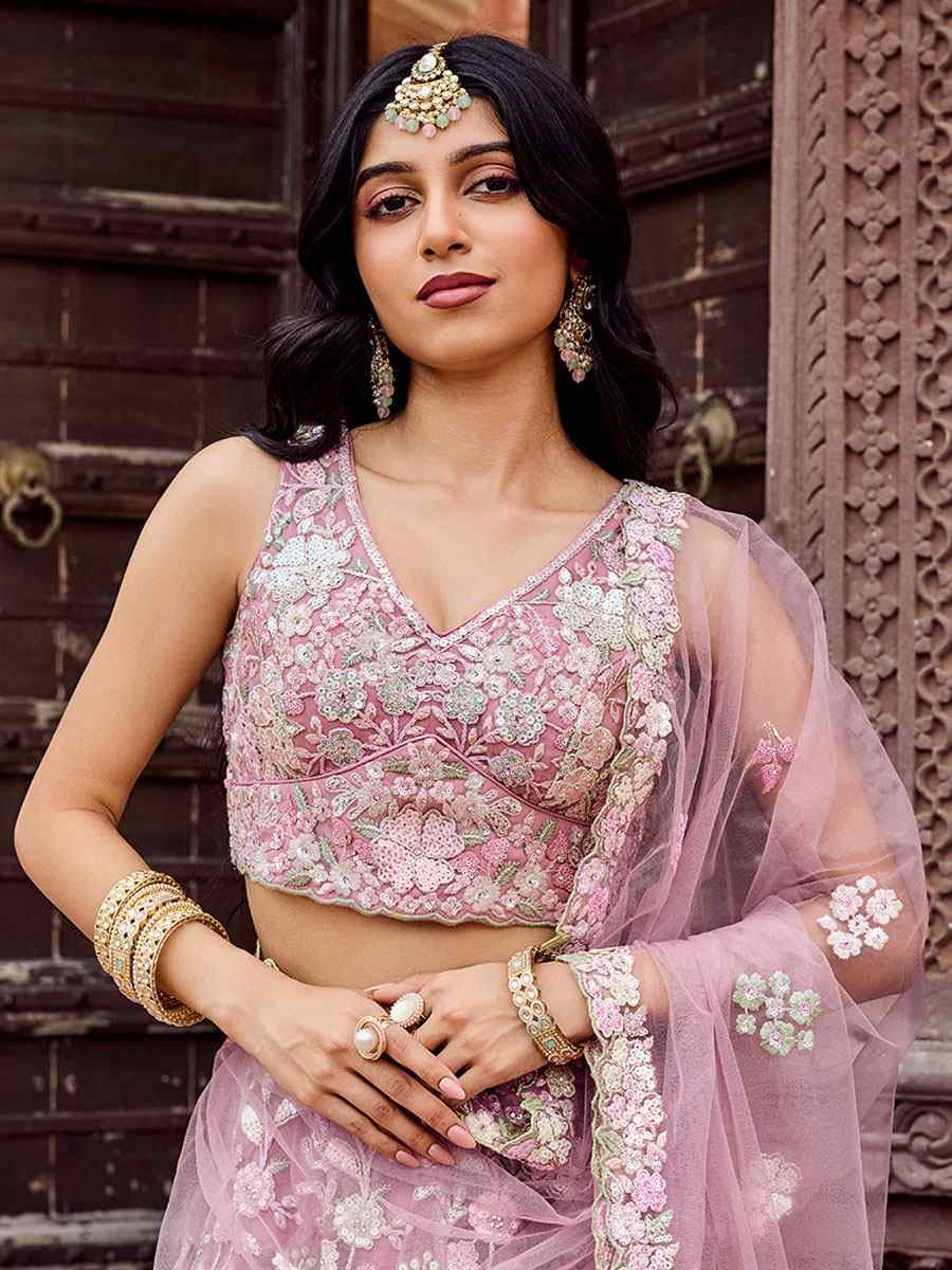 Pink Net Embroidered Wedding Reception Festival Heavy Border Lehenga Choli