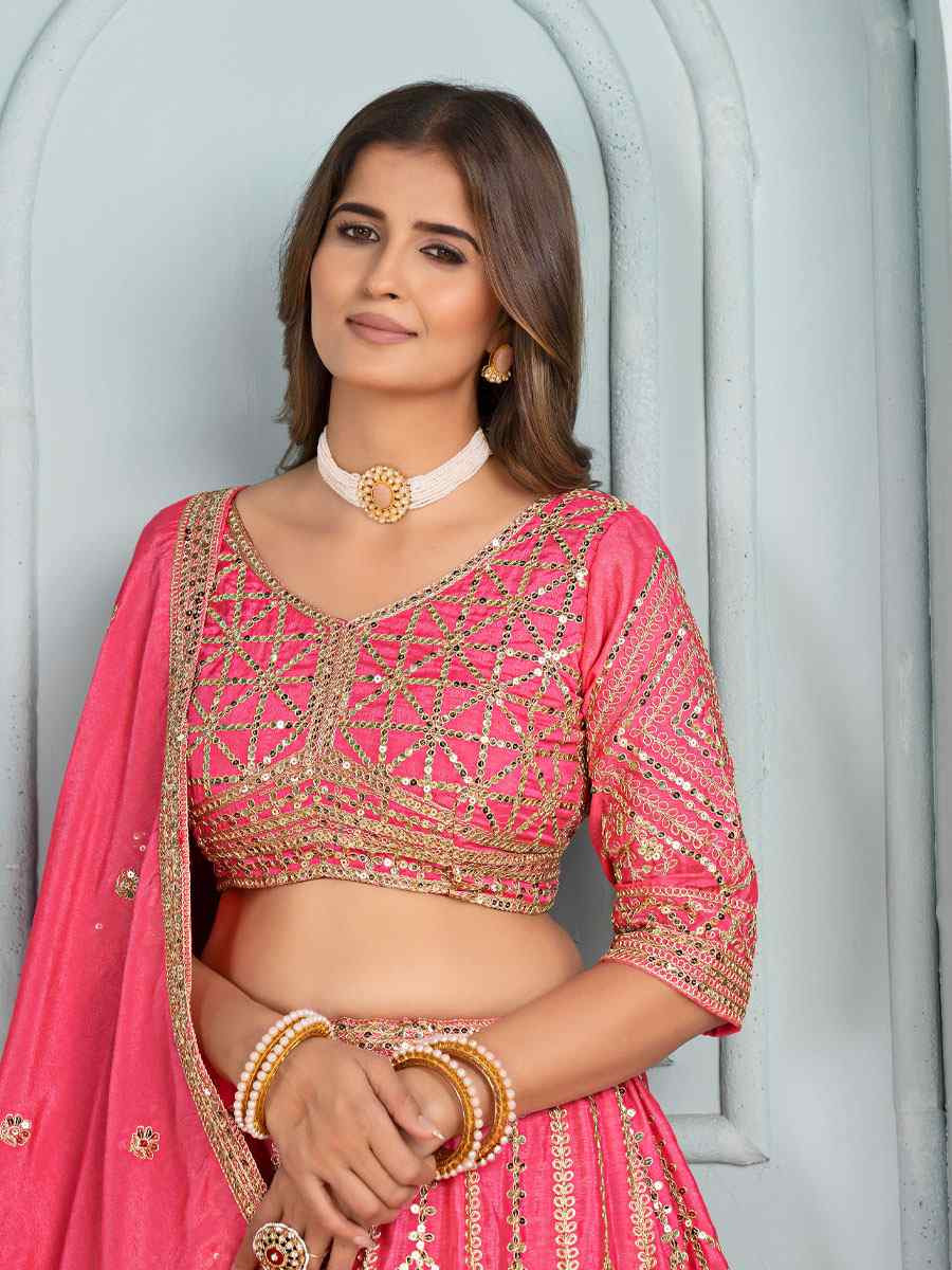 Pink Net Embroidered Wedding Reception Festival Heavy Border Lehenga Choli