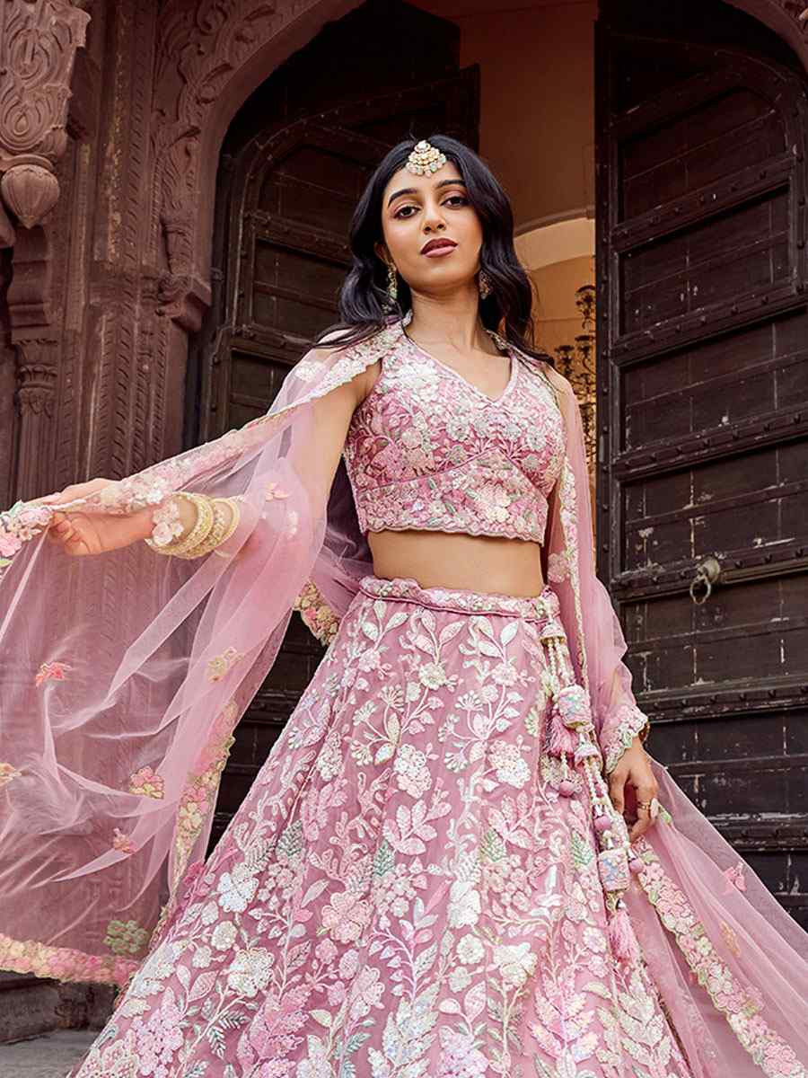 Pink Net Embroidered Wedding Reception Festival Heavy Border Lehenga Choli