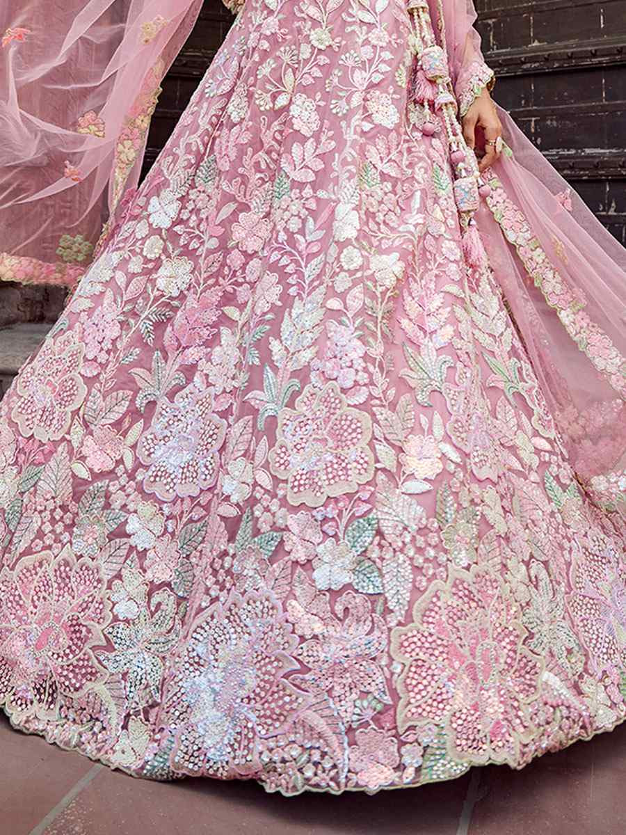 Pink Net Embroidered Wedding Reception Festival Heavy Border Lehenga Choli