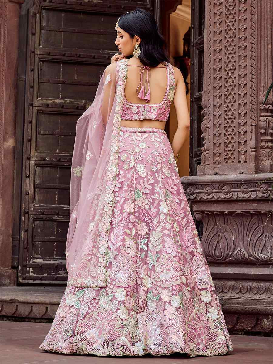 Pink Net Embroidered Wedding Reception Festival Heavy Border Lehenga Choli