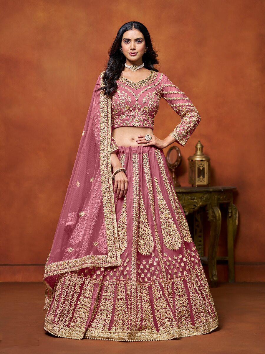 Pink Net Embroidery Zari Stone Work Wedding Reception Party Festival Heavy Border Lehenga Choli