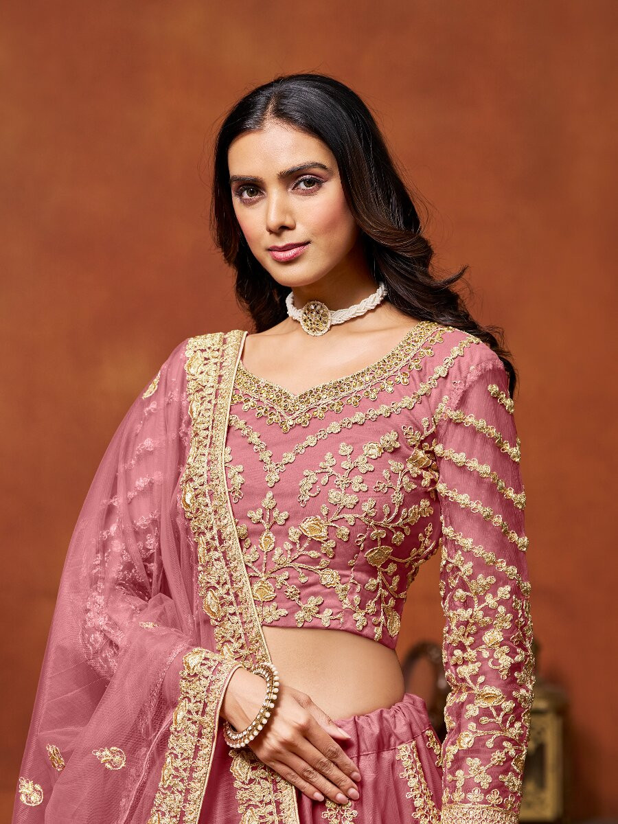 Pink Net Embroidery Zari Stone Work Wedding Reception Party Festival Heavy Border Lehenga Choli