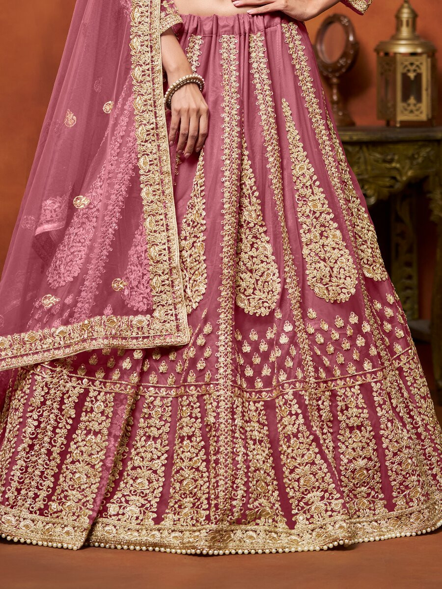 Pink Net Embroidery Zari Stone Work Wedding Reception Party Festival Heavy Border Lehenga Choli