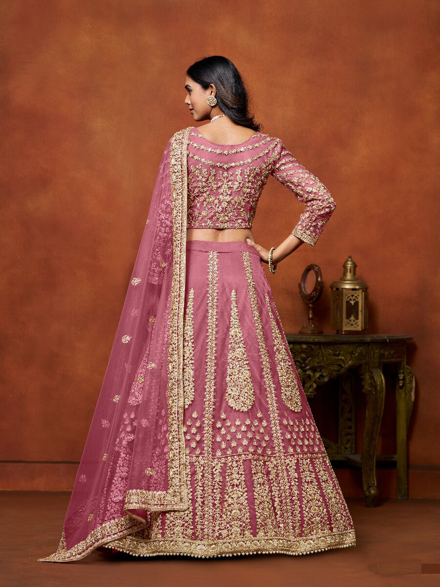 Pink Net Embroidery Zari Stone Work Wedding Reception Party Festival Heavy Border Lehenga Choli