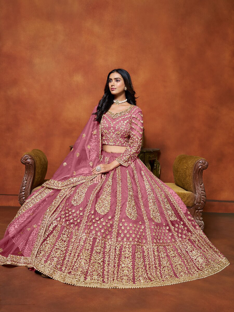 Pink Net Embroidery Zari Stone Work Wedding Reception Party Festival Heavy Border Lehenga Choli