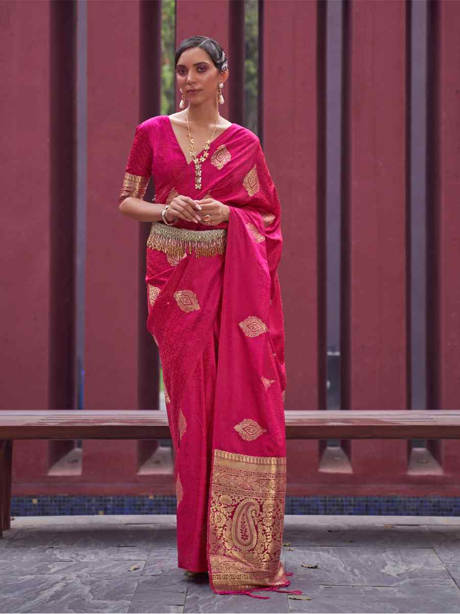 Pink Nylon Satin Handwoven Party Festival Classic Style Saree