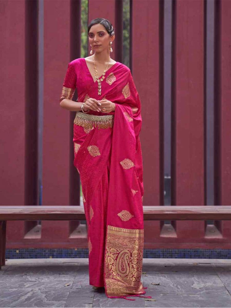 Pink Nylon Satin Handwoven Party Festival Classic Style Saree