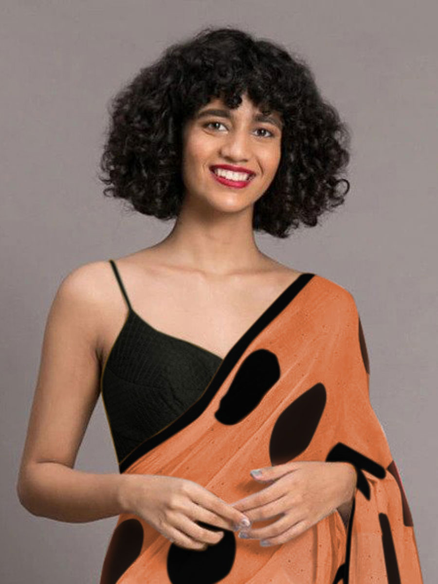 Pink Orange and Black Chenderi and Linen Casual Printed Saree
