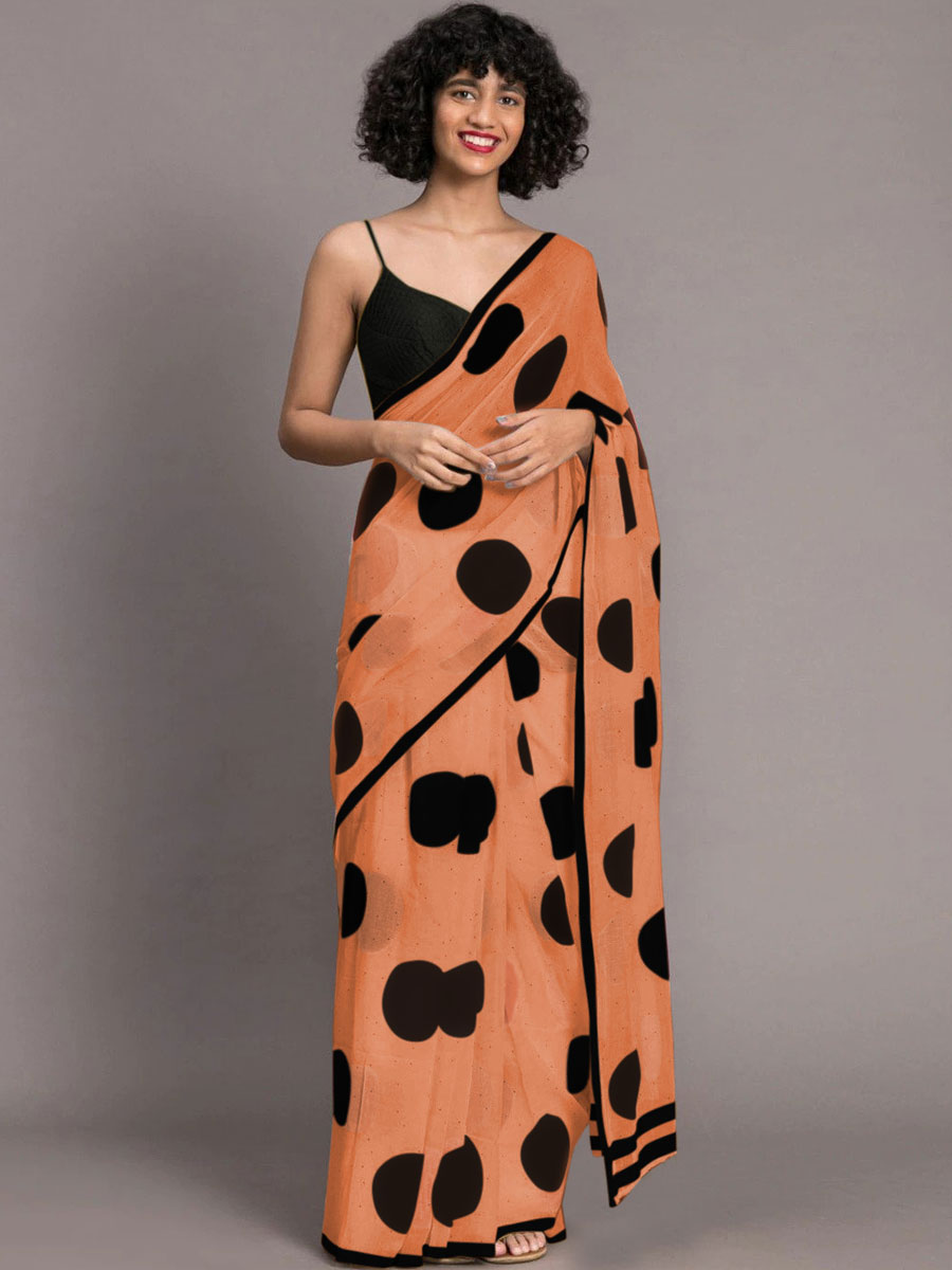 Pink Orange and Black Chenderi and Linen Casual Printed Saree