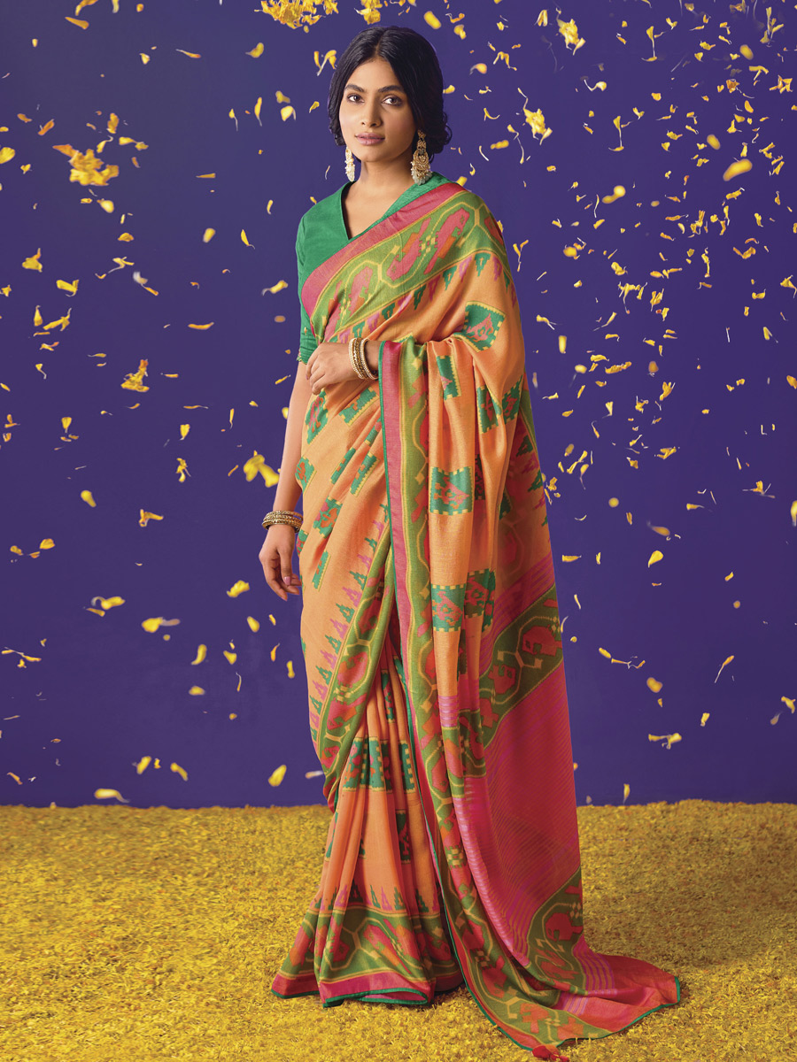 Pink Orange Brasso Festival Printed Saree
