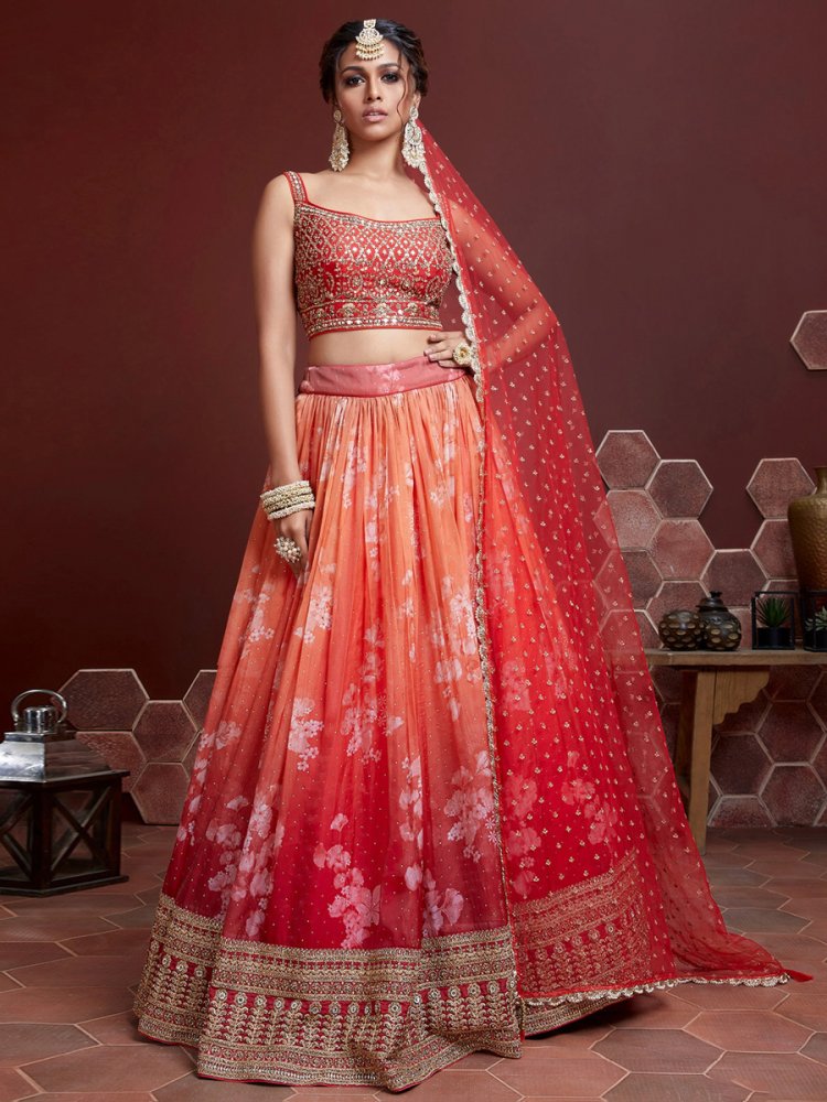 Pink Orange Silk Embroidered Party Lehenga Choli