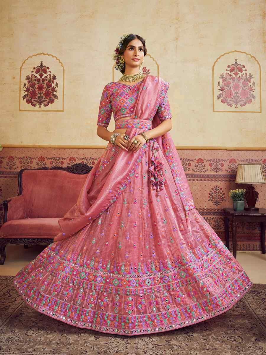 Pink Organza Embroidered Bridal Festival Reception Wedding Traditional Heavy Border Lehenga Choli