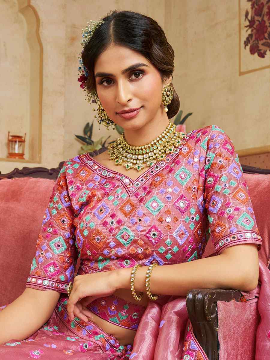 Pink Organza Embroidered Bridal Festival Reception Wedding Traditional Heavy Border Lehenga Choli