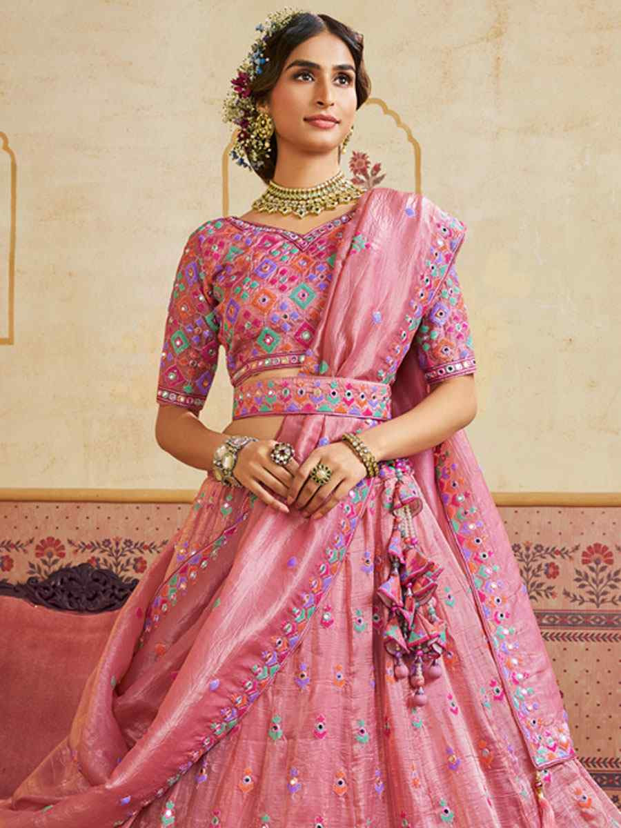 Pink Organza Embroidered Bridal Festival Reception Wedding Traditional Heavy Border Lehenga Choli