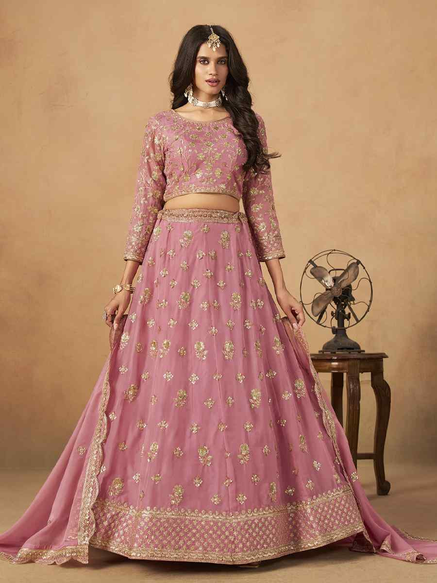 Pink Organza Embroidered Bridal Wedding Reception Festival Heavy Border Lehenga Choli