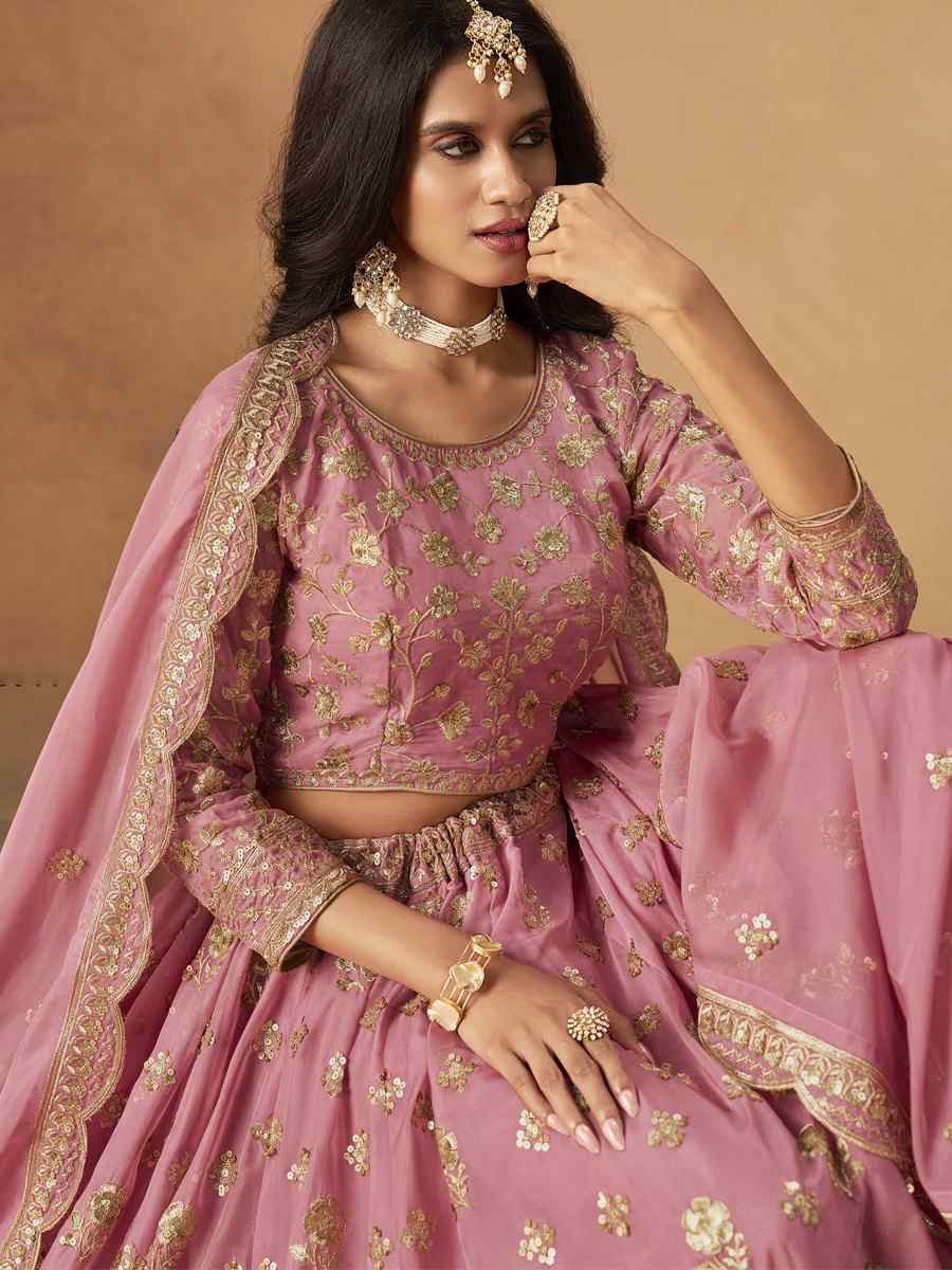 Pink Organza Embroidered Bridal Wedding Reception Festival Heavy Border Lehenga Choli