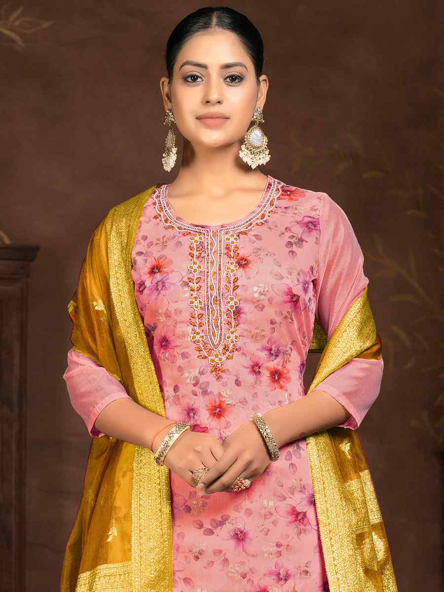 Pink Organza Embroidered Casual Festival Pant Salwar Kameez