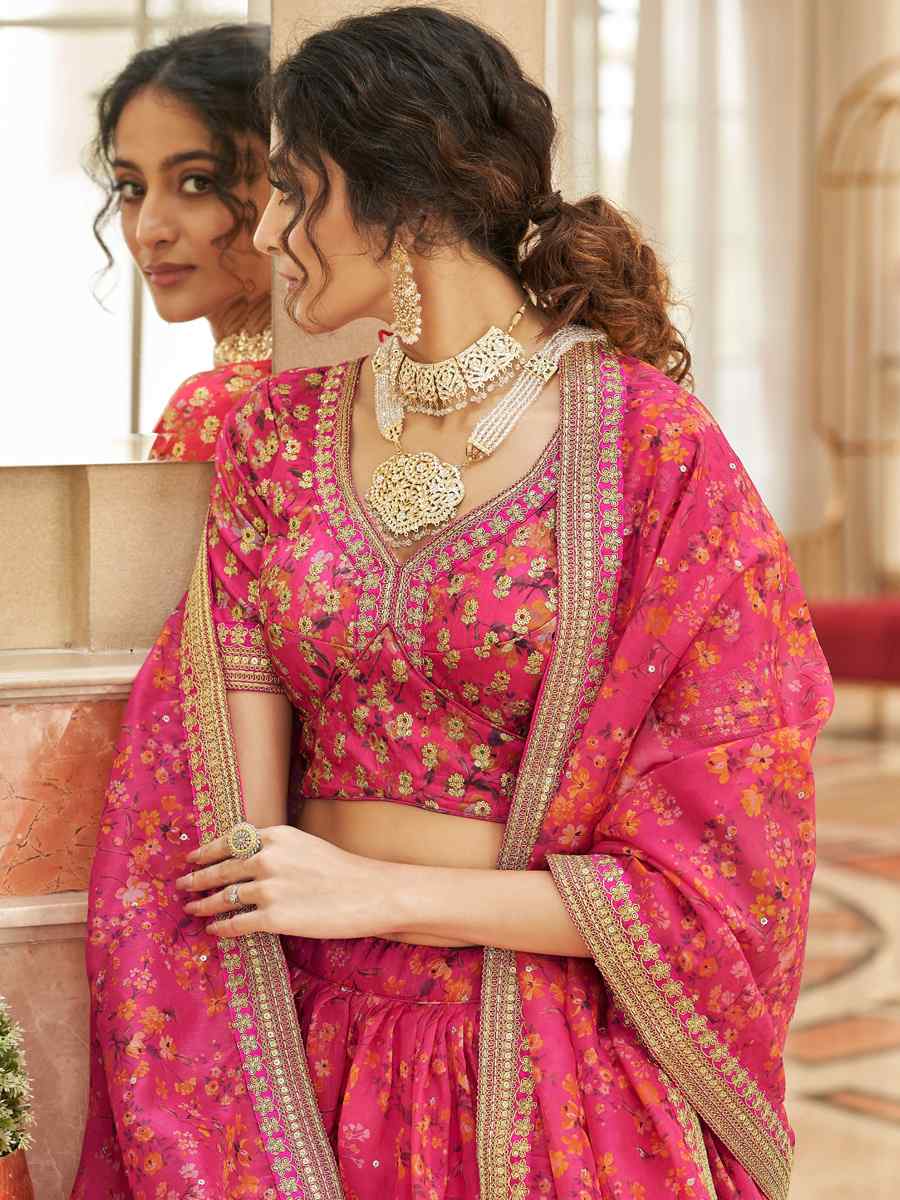 Pink Organza Embroidered Engagement Wedding Heavy Border Lehenga Choli