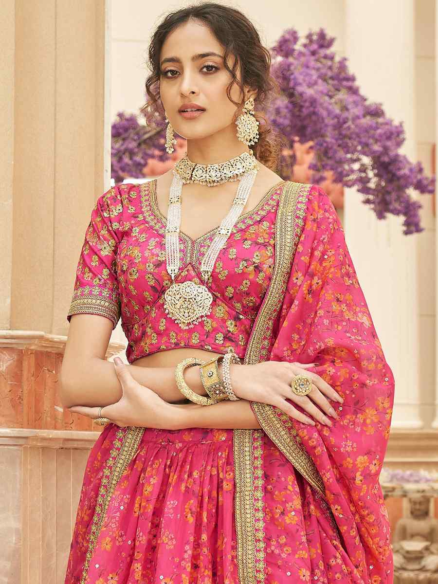 Pink Organza Embroidered Engagement Wedding Heavy Border Lehenga Choli