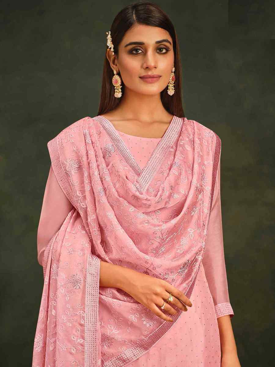 Pink Organza Embroidered Festival Party Pant Salwar Kameez
